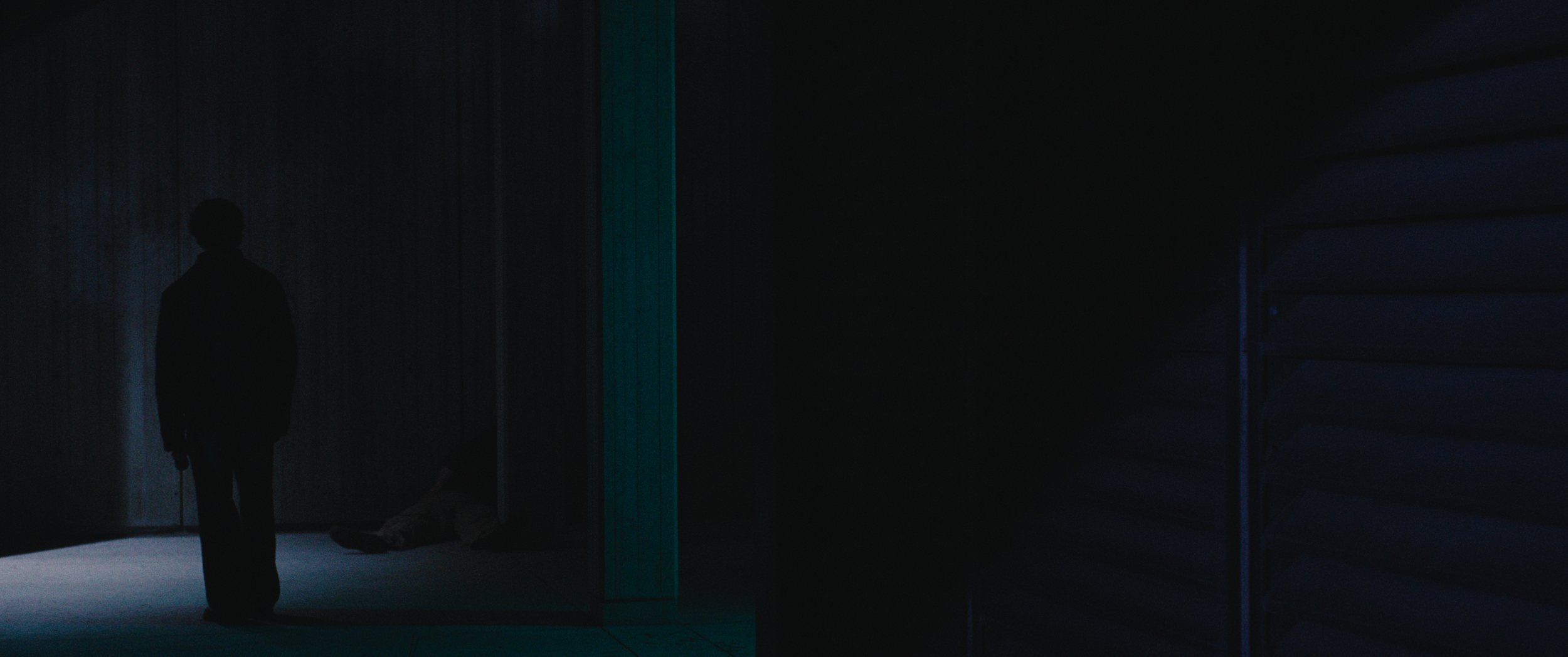 A dark, dimly lit room featuring a silhouette of a person standing with a cane, with a figure lying on the ground nearby. The room has wooden walls and some metal shelving visible on the right side.