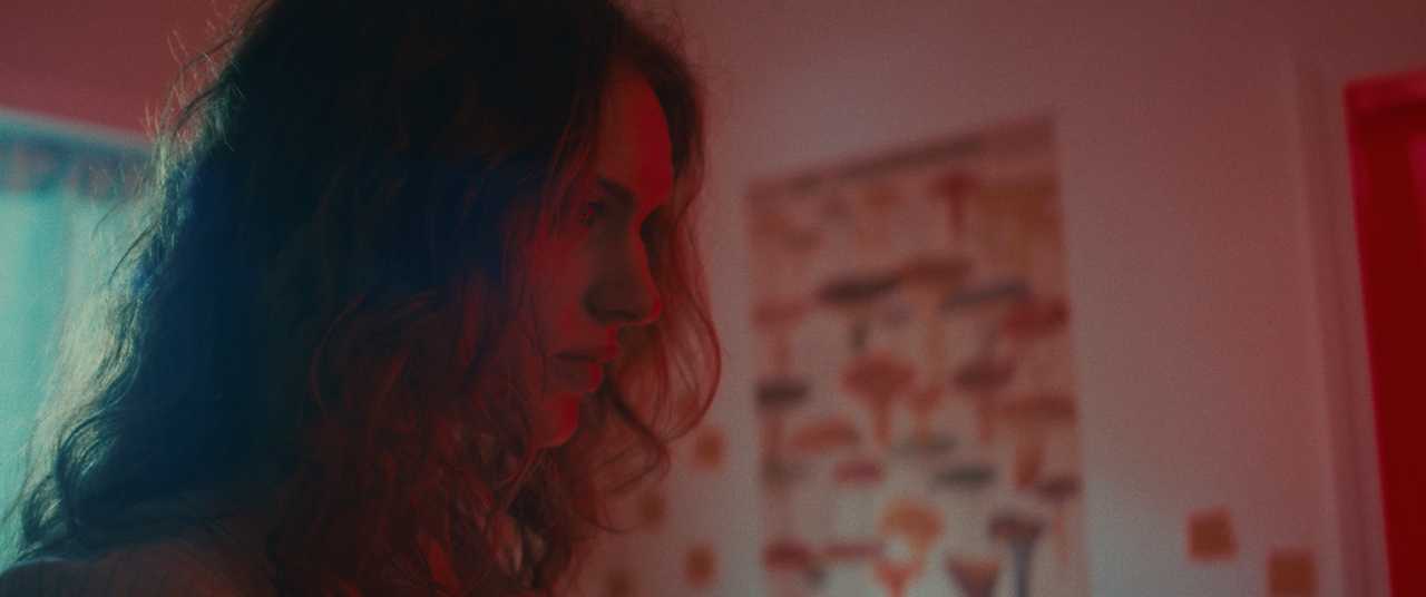 A woman with curly hair in a softly lit room, looking down.