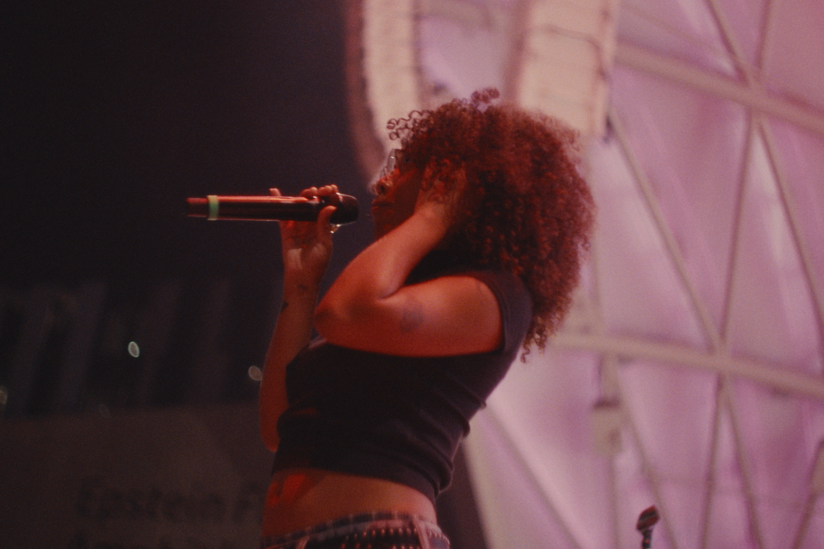 A woman with curly hair singing into a microphone on stage, with a purple and pink lit wall in the background.