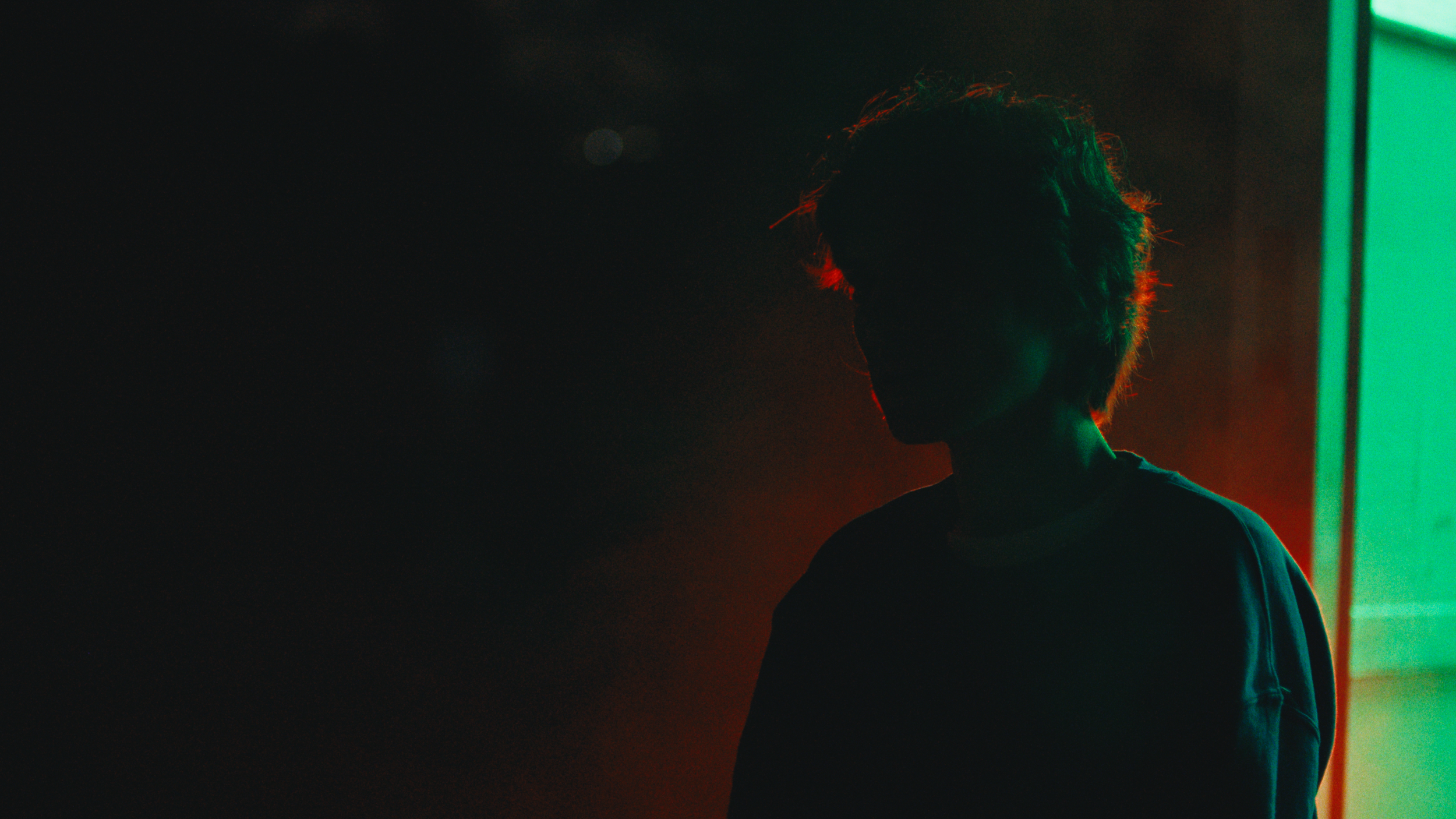 Silhouette of a person with curly hair standing in a dark room illuminated by red and green lights.