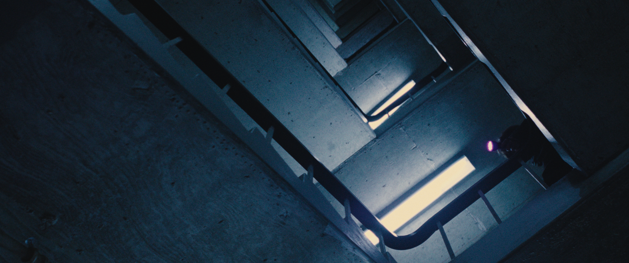 Looking up a concrete staircase with railings, illuminated by natural light from above, with a small purple and black object at the bottom right.