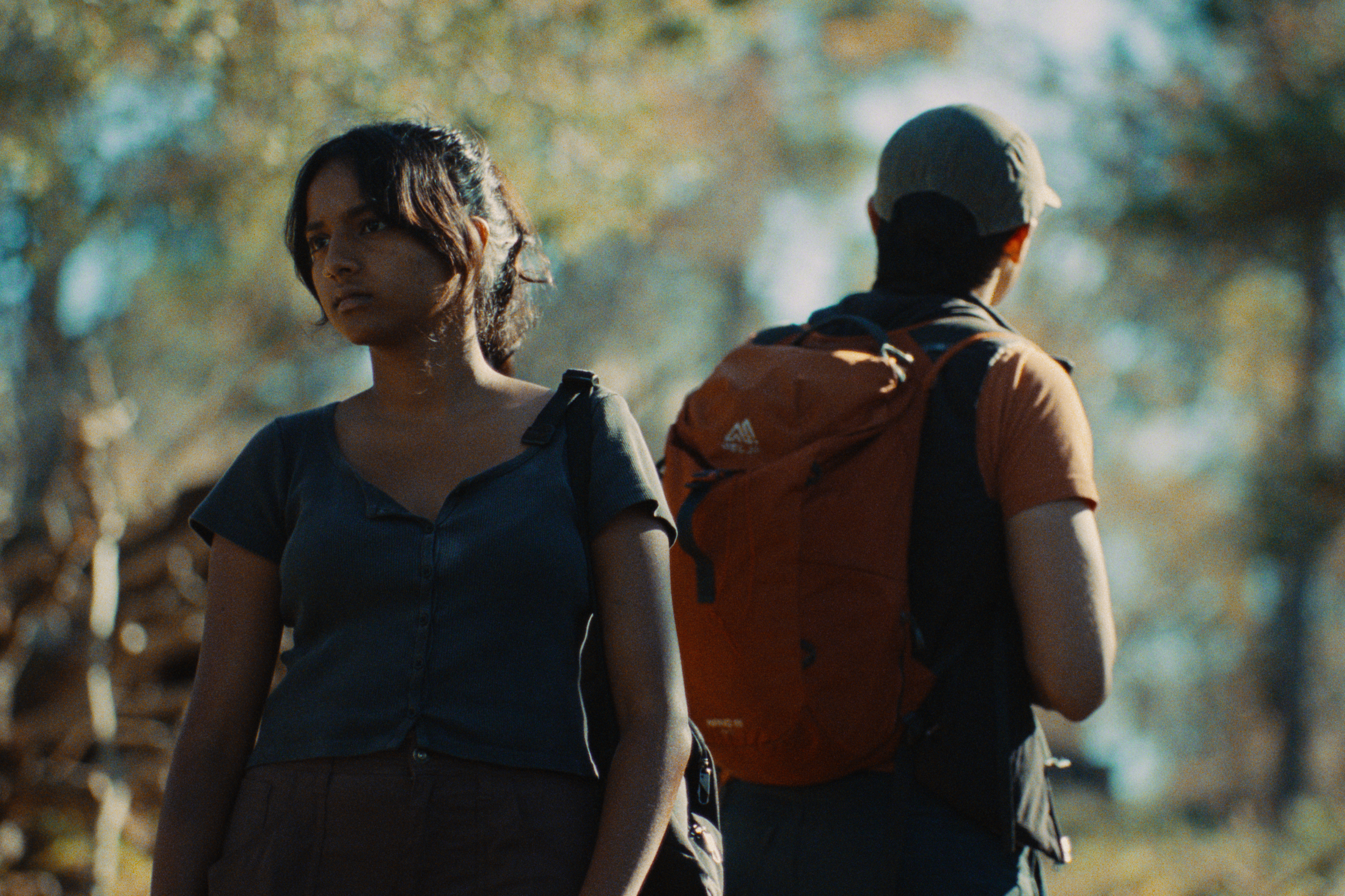 Two hikers with backpacks standing outdoors in a forested area, back to the camera, with sunlight filtering through the trees.