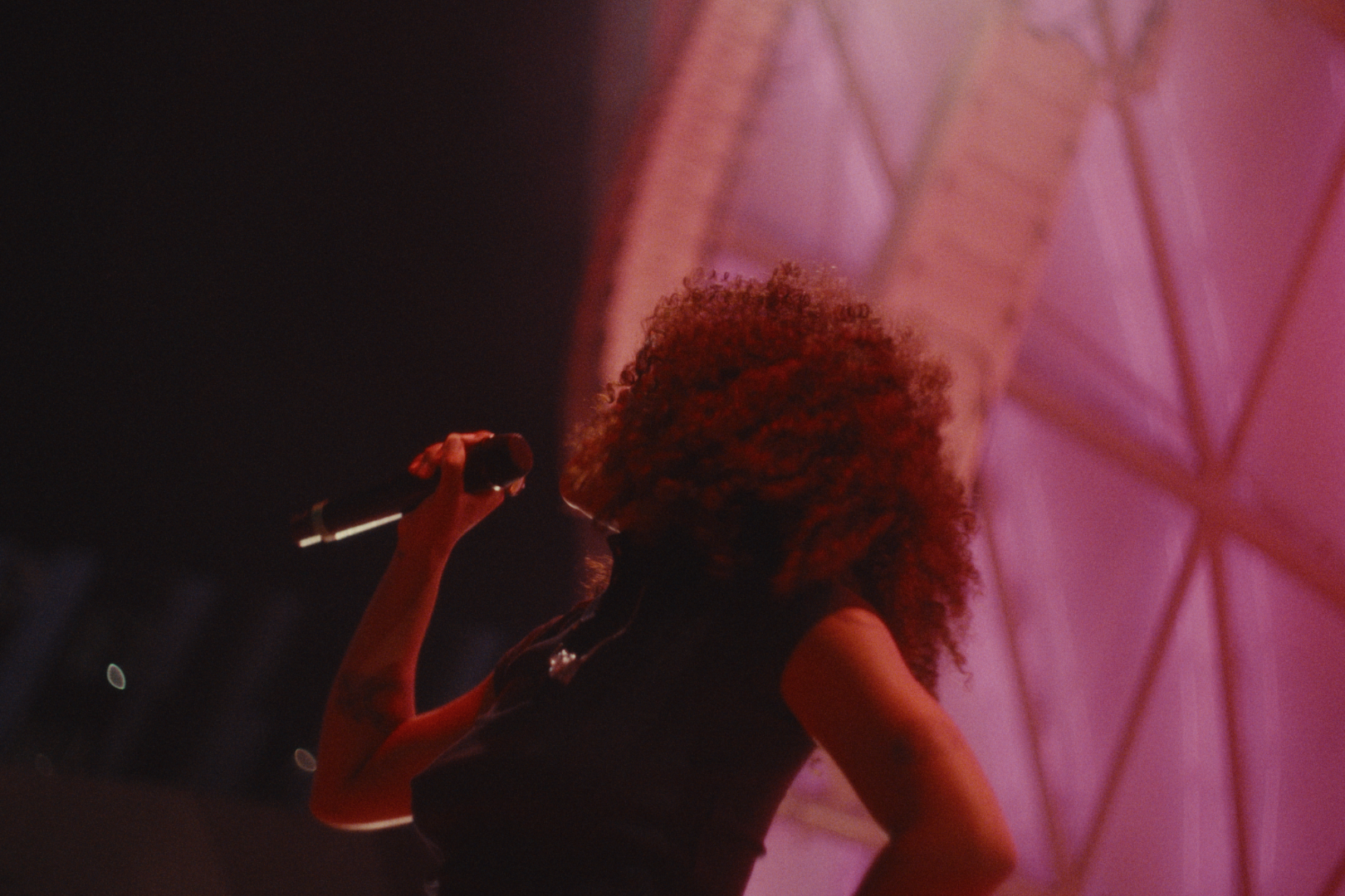 Silhouette of a person with curly hair holding a microphone on a stage with pink and purple lighting.