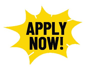 Yellow burst shape with bold black text saying 'Apply Now!'