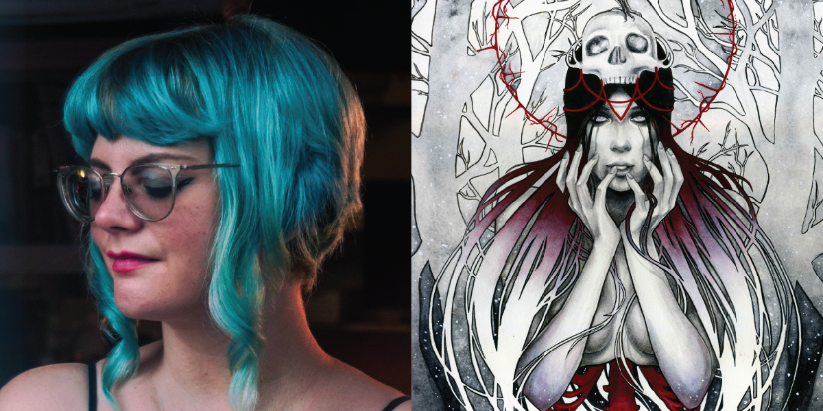 Side profile of a woman with short, wavy, blue hair, wearing glasses and a black top, with a dark indoor background on the left; artistic illustration of a woman with long hair, a skull on her head, and tentacle-like extensions, holding her face with her hands on the right.