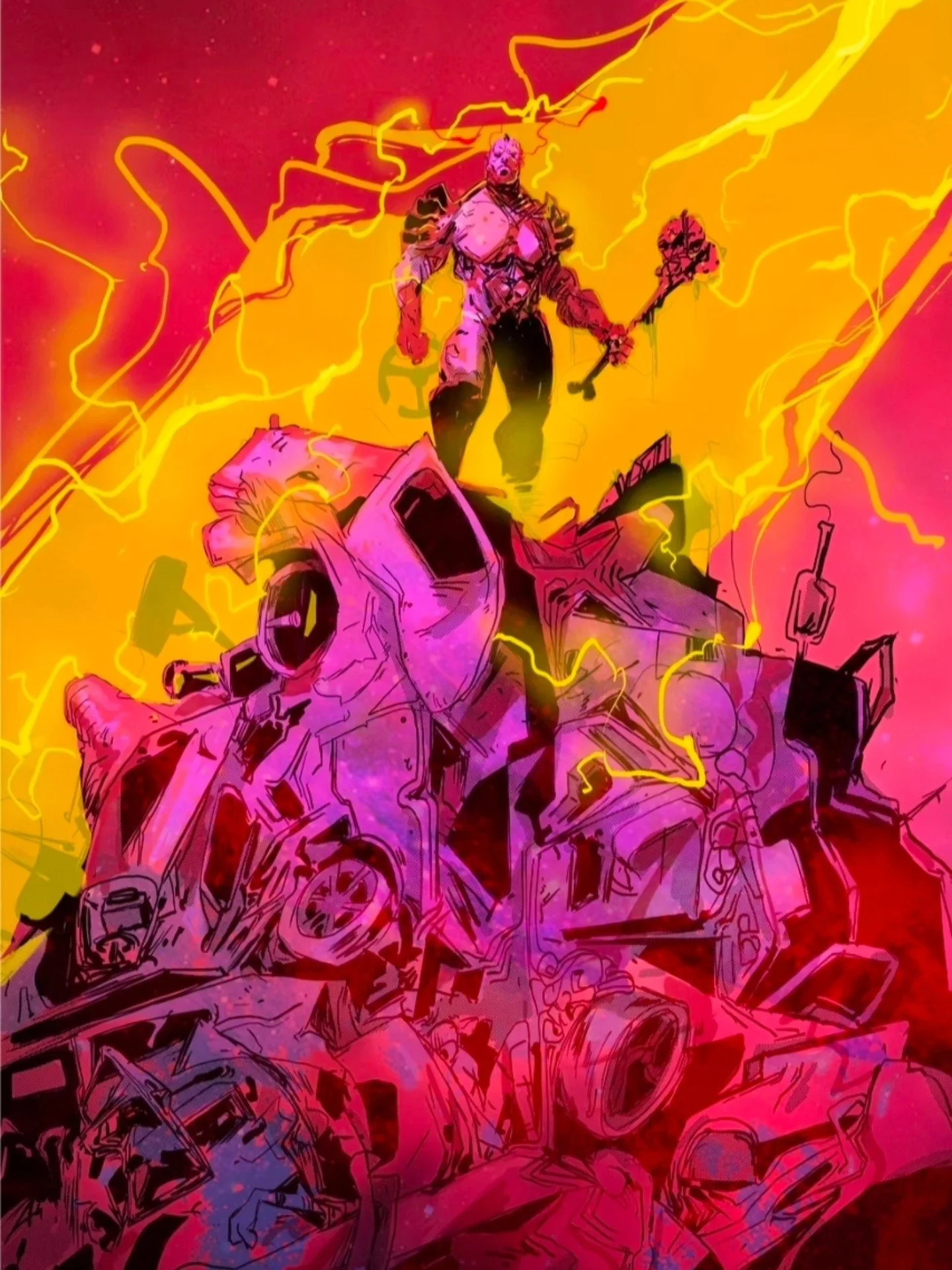 A colorful comic book-style illustration of a humanoid figure with spiky hair wielding a sledgehammer, standing on a pile of destroyed vehicles with yellow lightning surrounding them, set against a vibrant pink and yellow background.