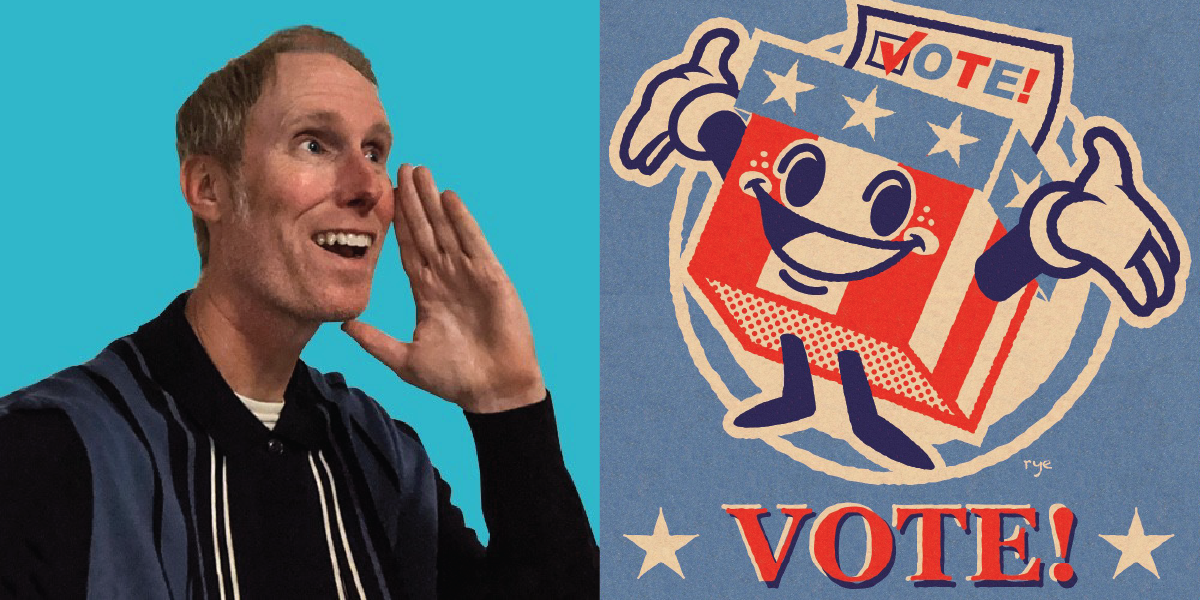 A man in a black and blue striped jacket on the left and a cartoon animated voting box character on the right, with the words "VOTE!" and patriotic stars and stripes.