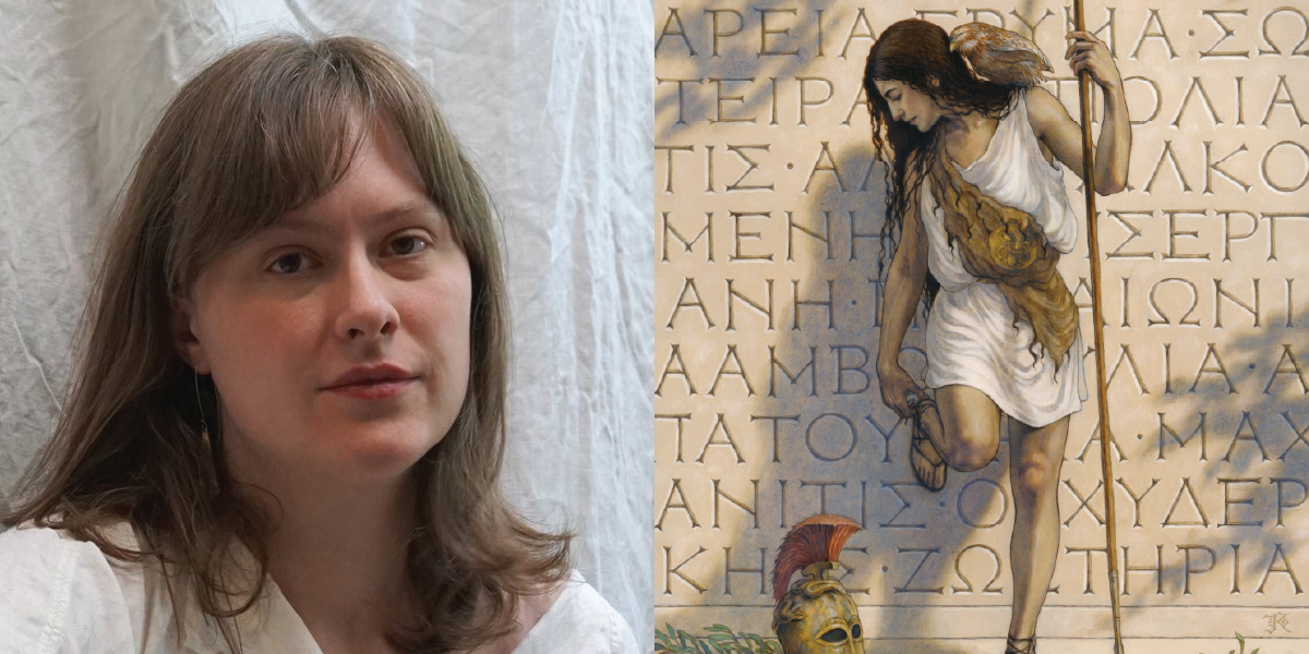 A side-by-side image with a woman and a painting. The woman has shoulder-length light brown hair and is wearing a white shirt, standing against a neutral background. The painting depicts a woman with long dark hair, wearing a white dress, kneeling on one knee with a spear and a golden cloth draped over her shoulder, with ancient Greek text in the background.