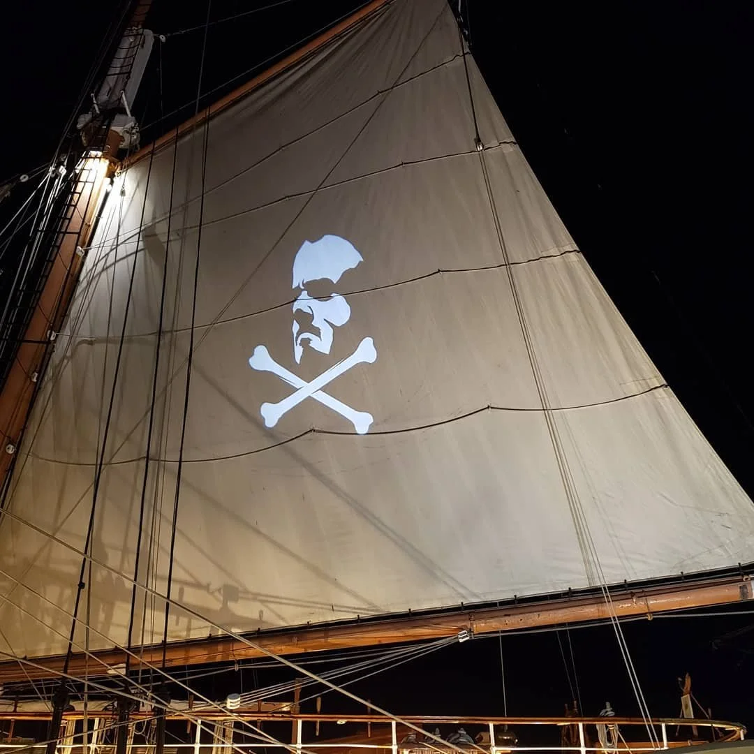 A large ship's sail with a skull and crossbones emblem projected onto it, viewed at night.