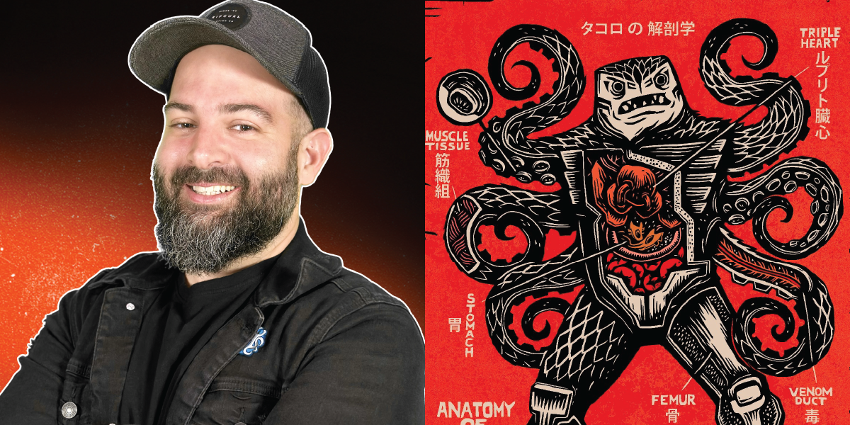 A portrait of a smiling man with a beard, wearing a gray baseball cap and a black jacket, set against a red background.
