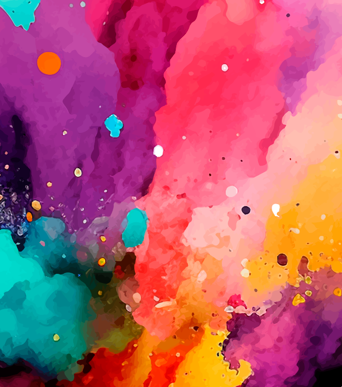 A colorful abstract painting with vibrant splashes of pink, purple, blue, yellow, and orange in a watercolor style.