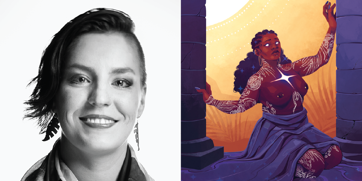 Split view of a black-and-white portrait of a smiling woman with short, styled hair on the left and a colorful digital illustration of a woman with dark curly hair or braids, dressed in an outfit with intricate patterns, sitting in a doorway with a warm background on the right.