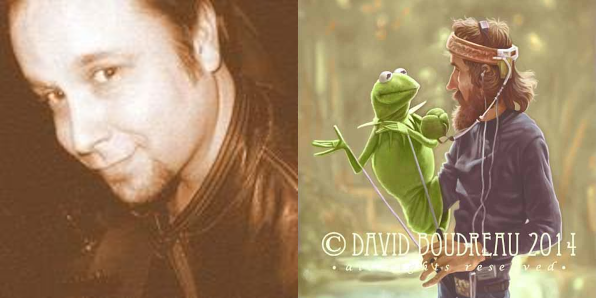 A split image with a young man on the left and a man with a puppet on the right. The young man has short hair and is wearing a leather jacket, smiling slightly. The man on the right is outdoors in a forest, wearing a headlamp and holding a green Kermit the Frog puppet with a string. There is a copyright watermark in the bottom right corner.
