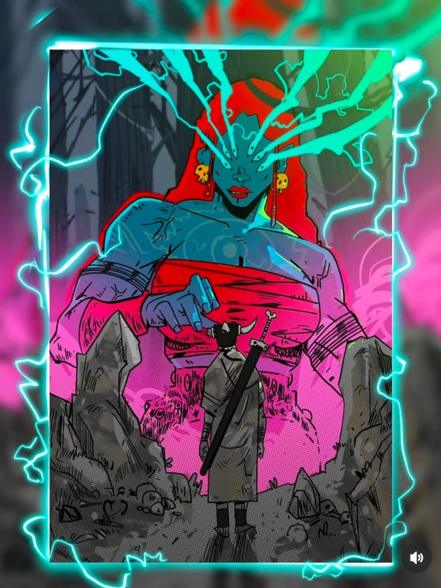 Digital artwork of a woman with blue skin and red hair, surrounded by electric blue lightning, with skull earrings and holding a small object, set against a rocky background.