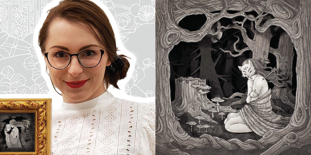 A woman with short brown hair, glasses, and red lipstick holds a small picture frame with a black and white illustration of a cat and a person. Next to her is a black and white fantastical illustration of a cat-like figure with a sword, sitting in a whimsical forest with large mushroom-shaped structures.