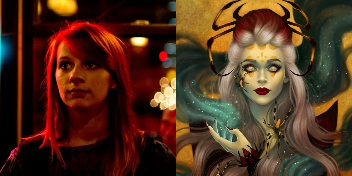 A side-by-side comparison of a woman with red hair in a dimly lit setting on the left and a fantasy illustration of a female sorceress with long purple hair, glowing eyes, and a crab and spider on her face and hand on the right.