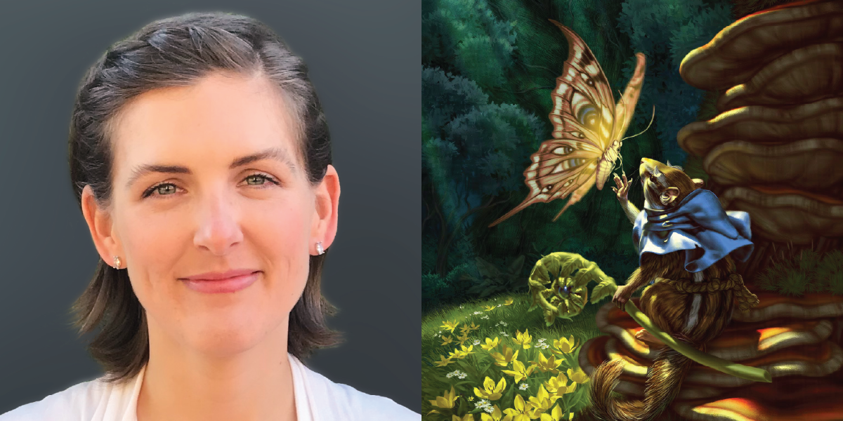 A portrait of a woman with short brown hair, smiling, wearing a white top and earrings on the left. On the right, a digital fantasy illustration of a lion dressed as a wizard sitting on a stone staircase in a forest, reaching out to a glowing butterfly.