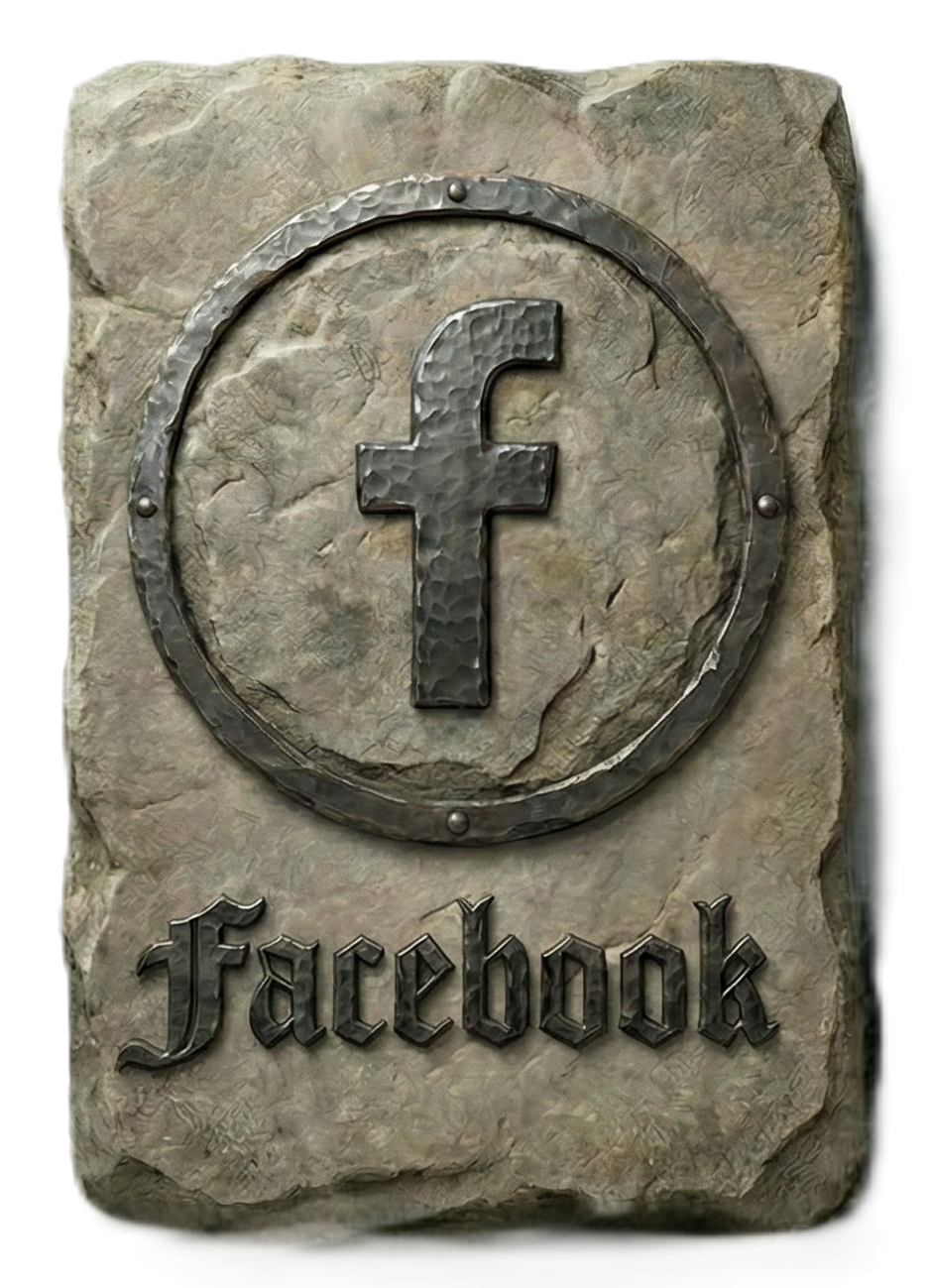 A stone plaque with the Facebook logo, featuring a metal 'f' inside a circle, and the word 'Facebook' below in stylized black lettering.