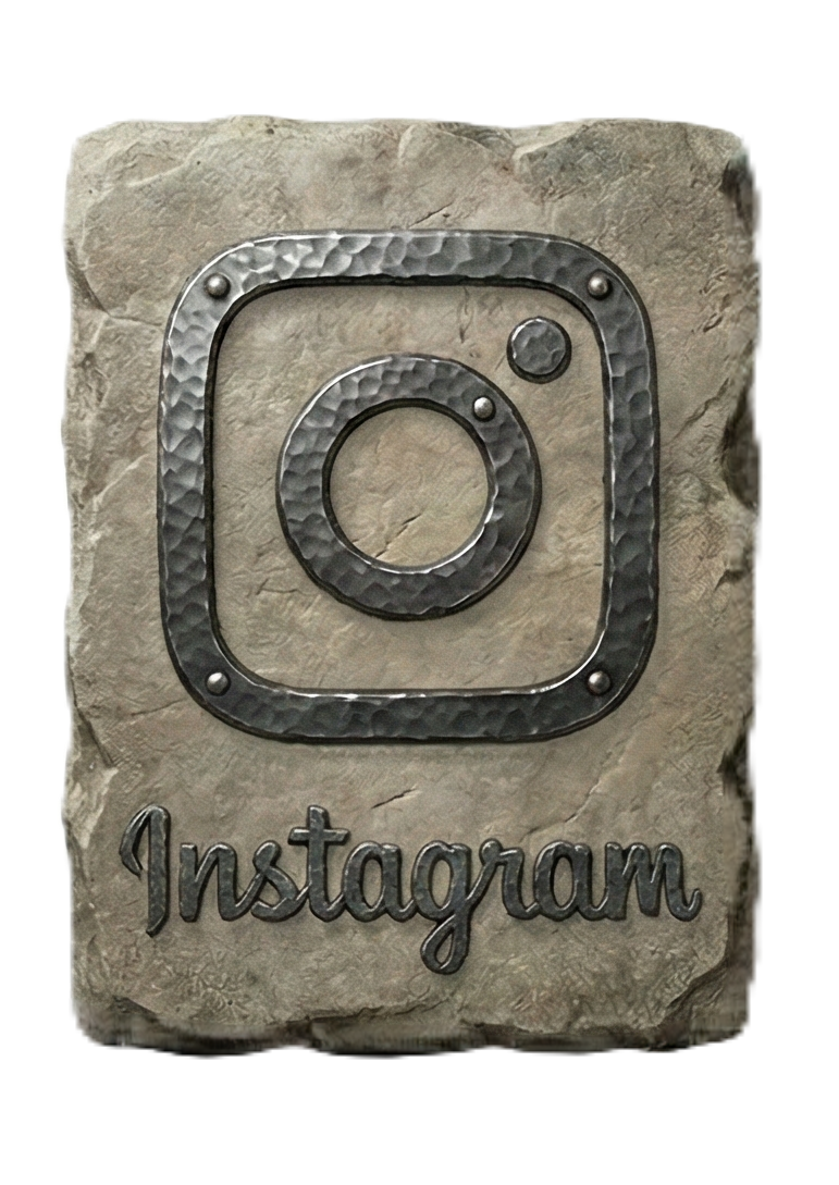 A decorative stone plaque featuring a metal Instagram logo and the word "Instagram" written below it.