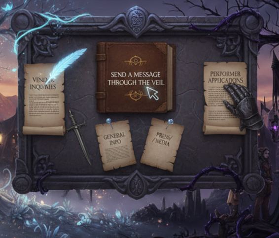 A mystical board with magical and medieval elements, featuring a central book labeled 'Send a message through the veil', surrounded by scrolls, a sword, and a hand in a glove, set against a dark, enchanted landscape background.