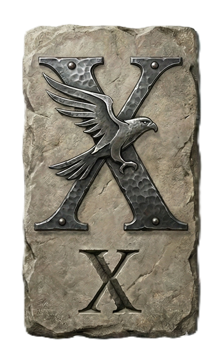 Decorative stone plaque with a large metal letter 'X' and a smaller metal letter 'X' below it, featuring a flying eagle with outstretched wings centered on the large letter.