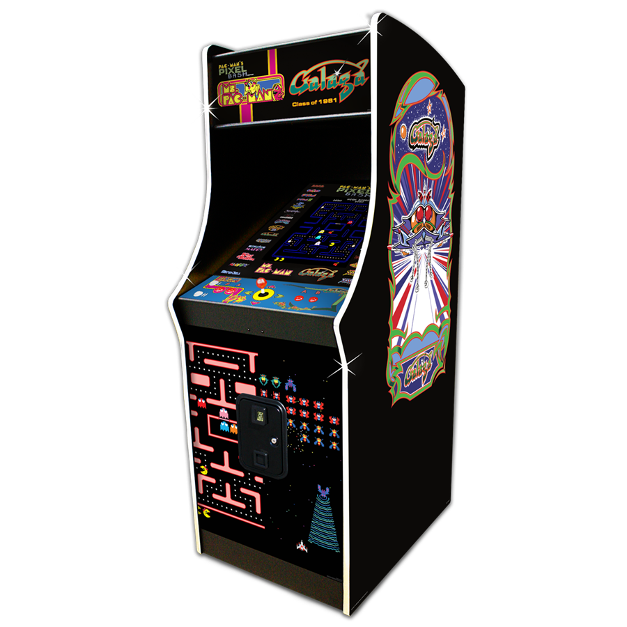 Vintage Galaga arcade game machine with colorful side art and a screen displaying the game, featuring neon lights and pixelated graphics.