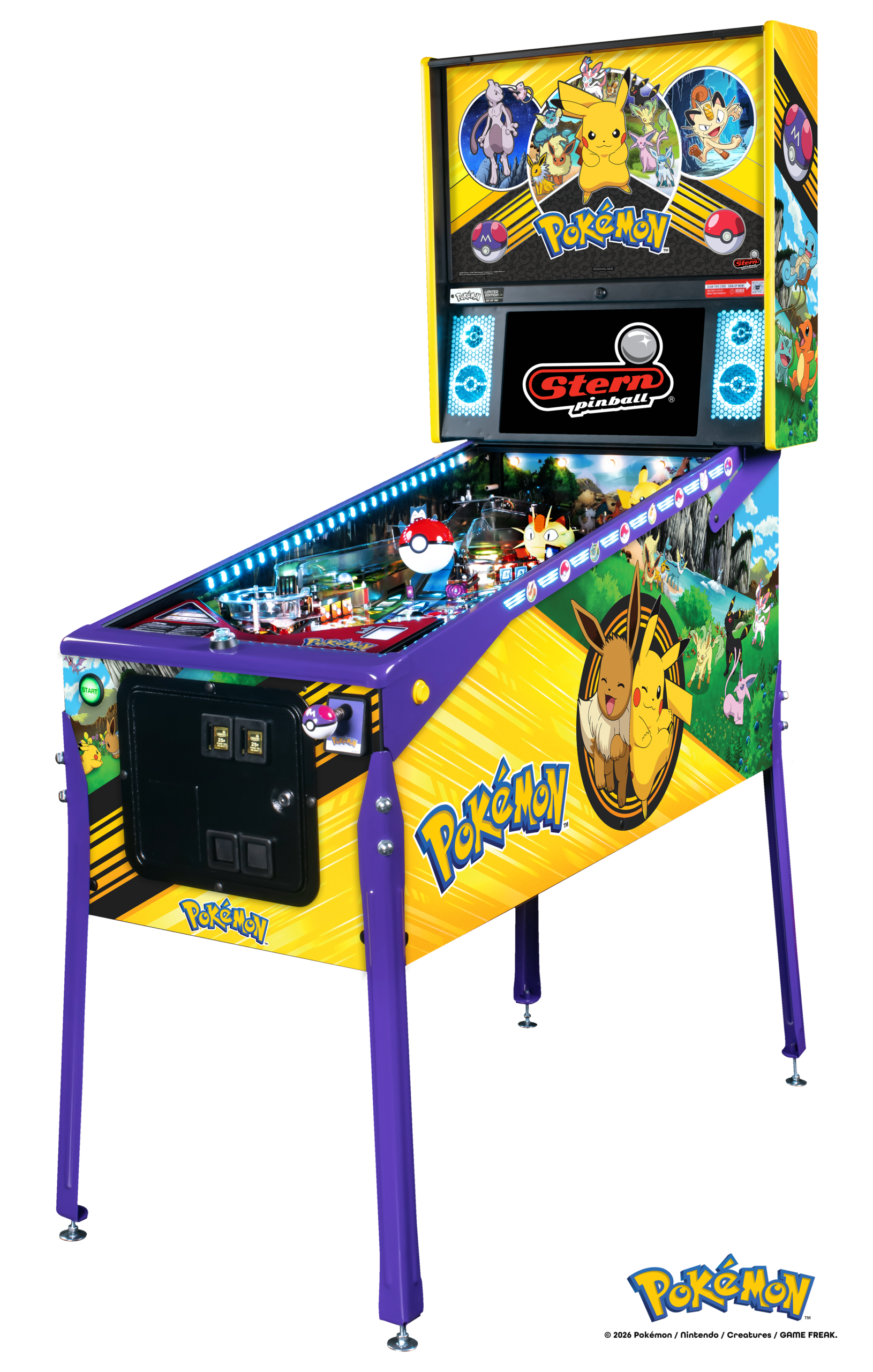 A Pokémon themed pinball machine featuring Pikachu and other Pokémon characters on the side and top panels, with colorful lights and a digital display.