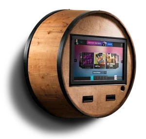 A barrel-shaped device with a wooden exterior housing a computer monitor showing a digital interface.