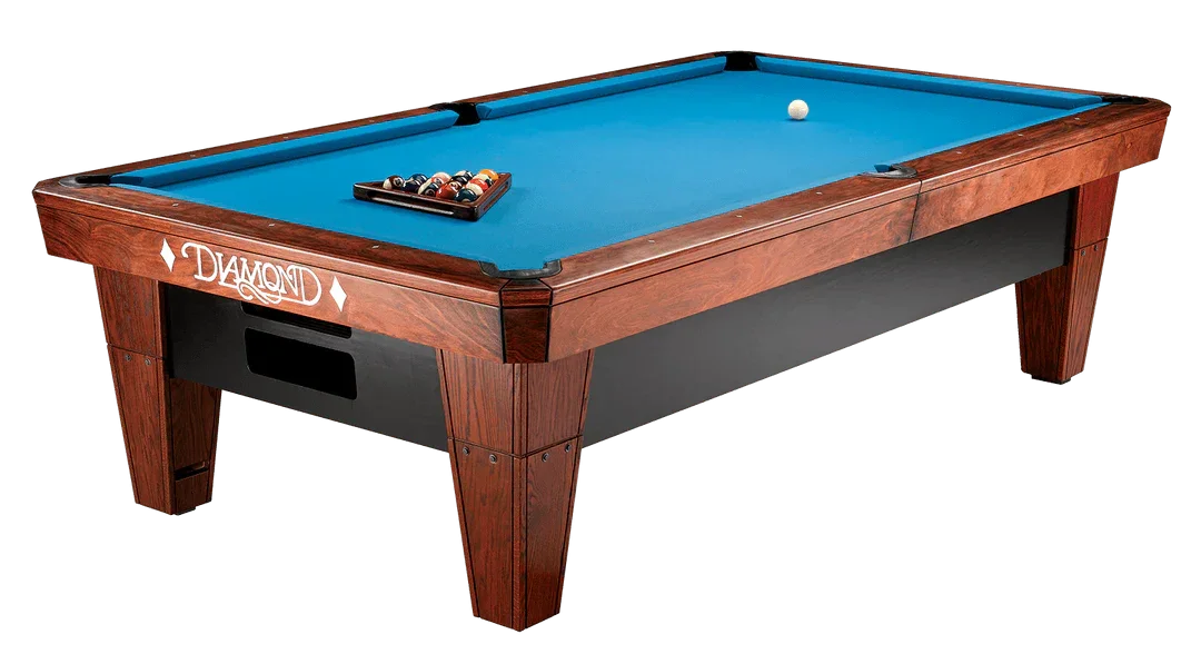 A wooden pool table with a blue felt surface, pool balls racked on the side, and a cue ball, isolated on a transparent background.