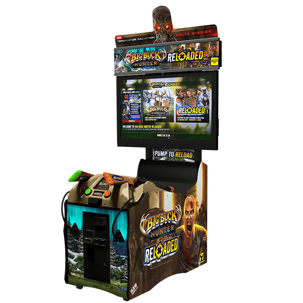 Arcade gaming machine for Big Buck Hunter Reloaded with a shooting controller, featuring promotional artwork of a smiling man, and a monitor displaying game advertisements and a zombie head graphic.