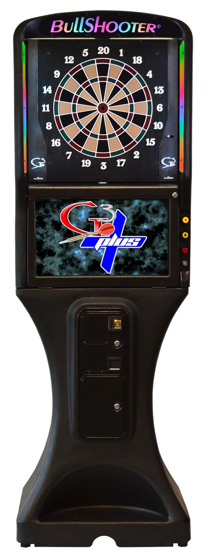 An electronic dartboard machine named Bullshooter with colorful LED lights, featuring a circular target with numbered sections and a digital screen displaying the G3 Pulsa logo.