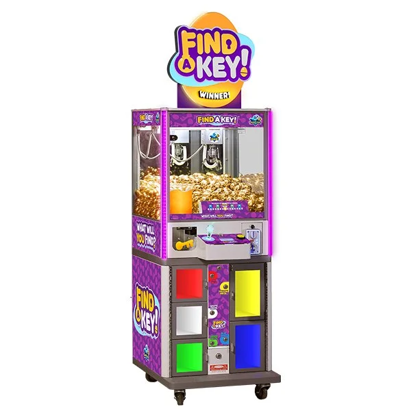 A claw machine arcade game called 'Find a Key' with a purple and yellow theme, containing gold tokens, colorful boxes, and a yellow key inside.