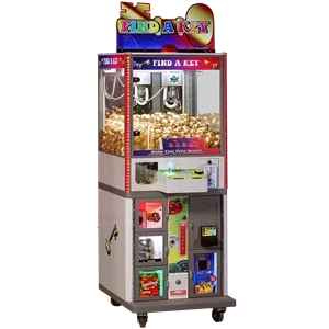 A claw machine arcade game filled with plush toys, coins, and prizes.