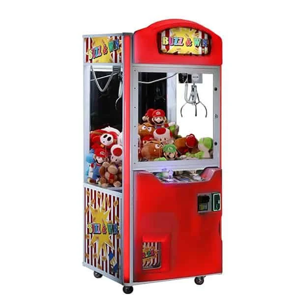 Red and white plush toy claw machine with stuffed Mario, Luigi, and other characters inside.