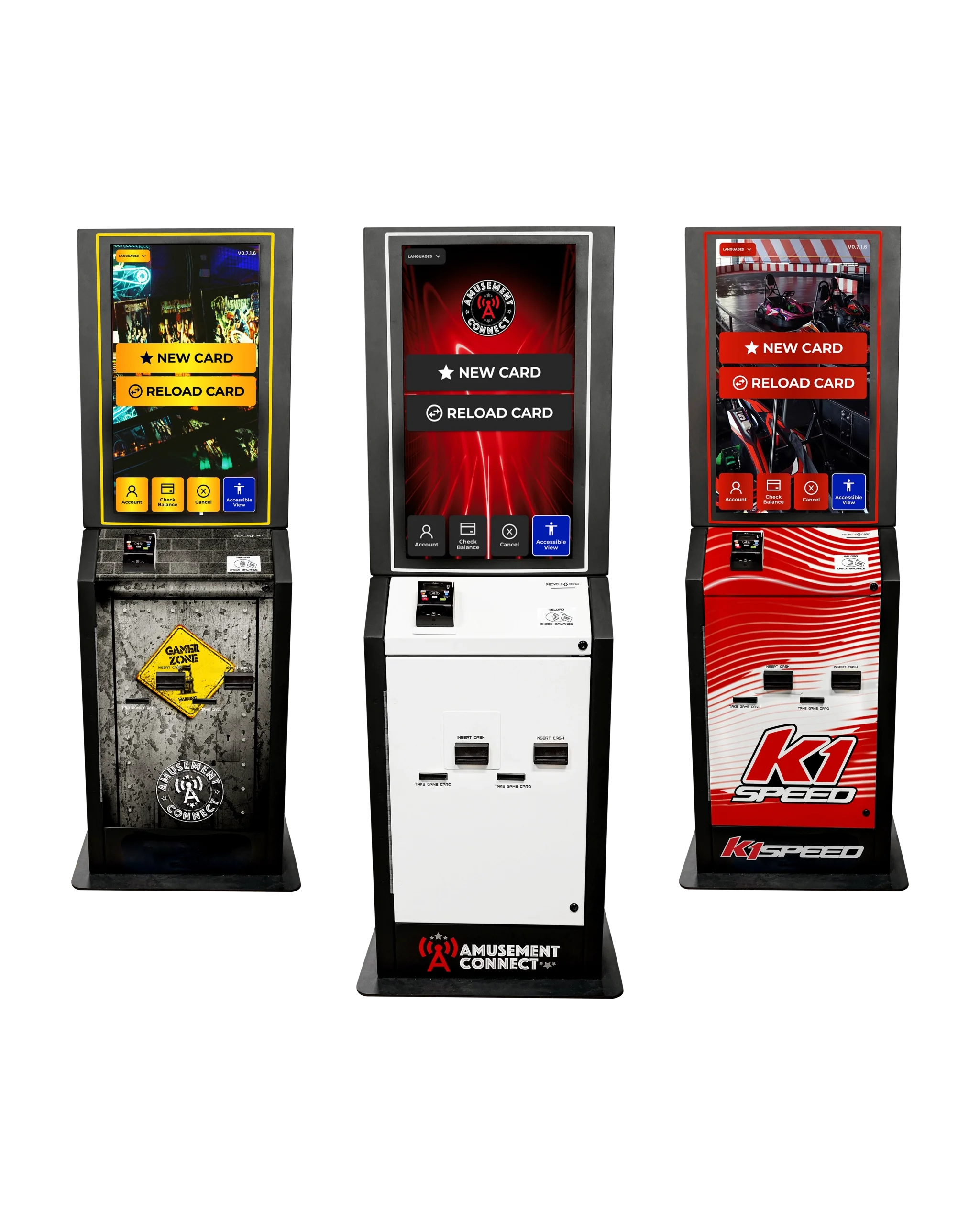 Three electronic arcade ticket redemption machines, each with a touchscreen and card insertion area, featuring game-themed graphics and options for new or reloaded cards.