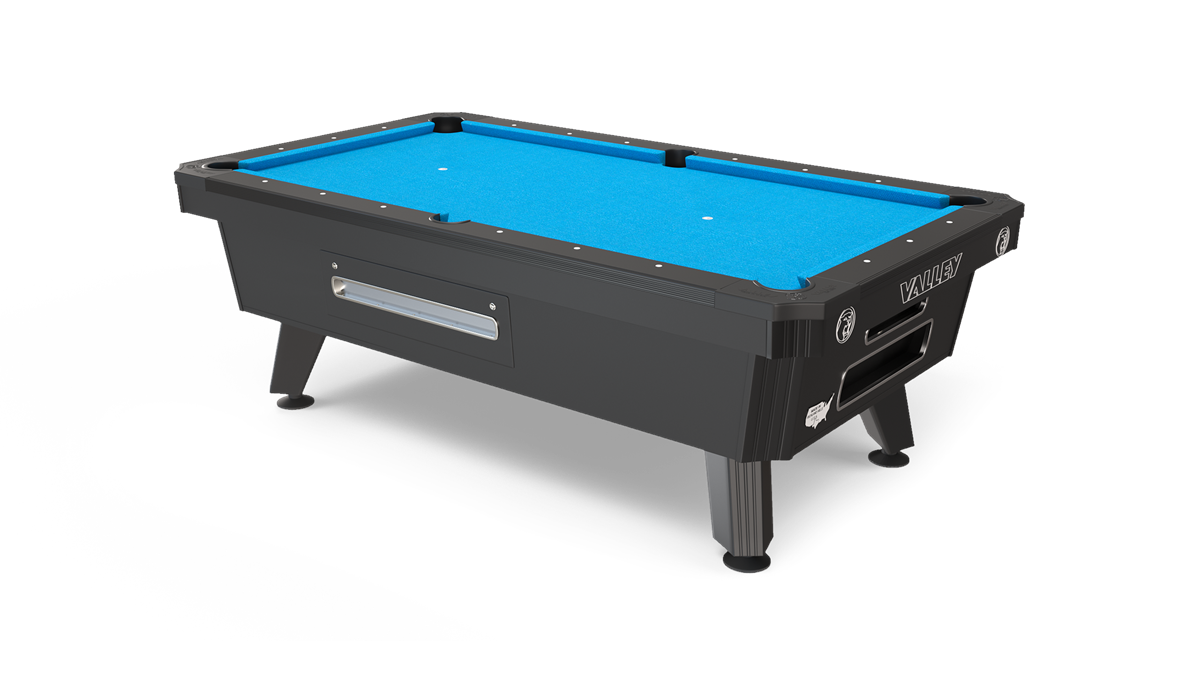 A modern air hockey table with a blue playing surface, black sides, and four short angled legs.
