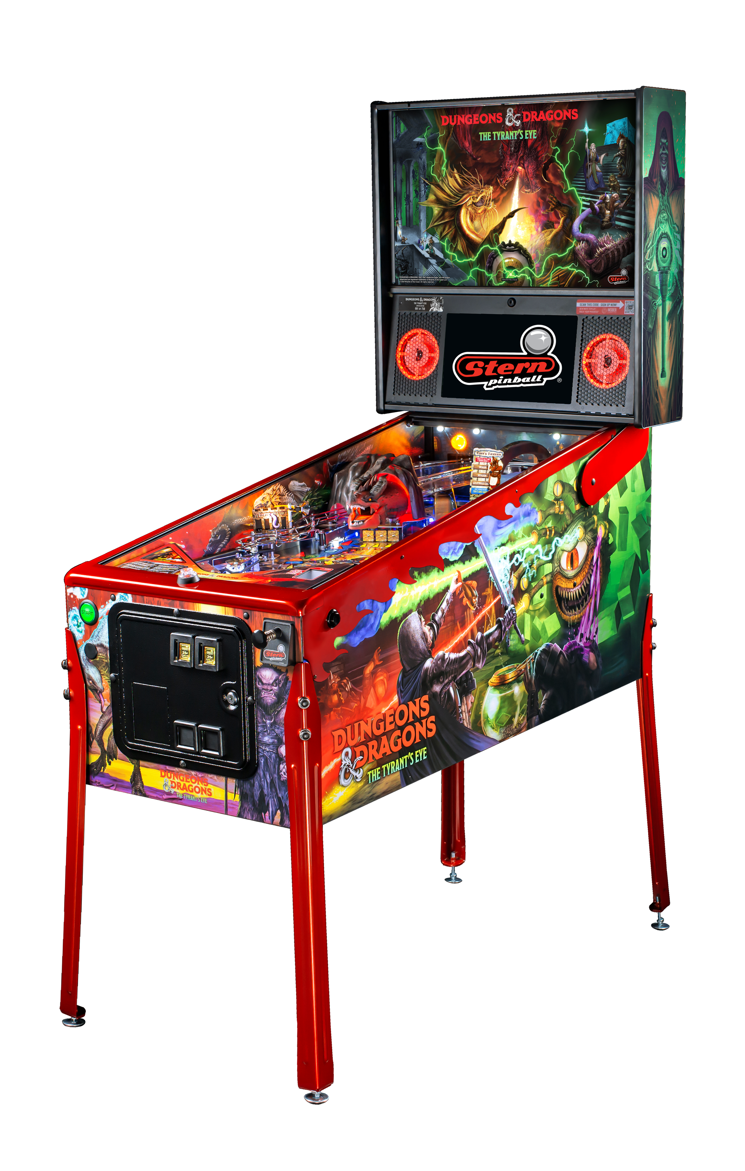 A Dungeons & Dragons-themed pinball machine featuring artwork of a dragon, a knight, and magical elements, with a bright red frame and a colorful display.