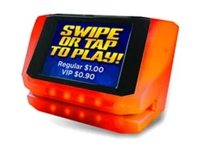 A small electronic game with a screen displaying 'Swipe or tap to play!' and a price of $1.00, with a VIP price of $0.90, surrounded by red lights.