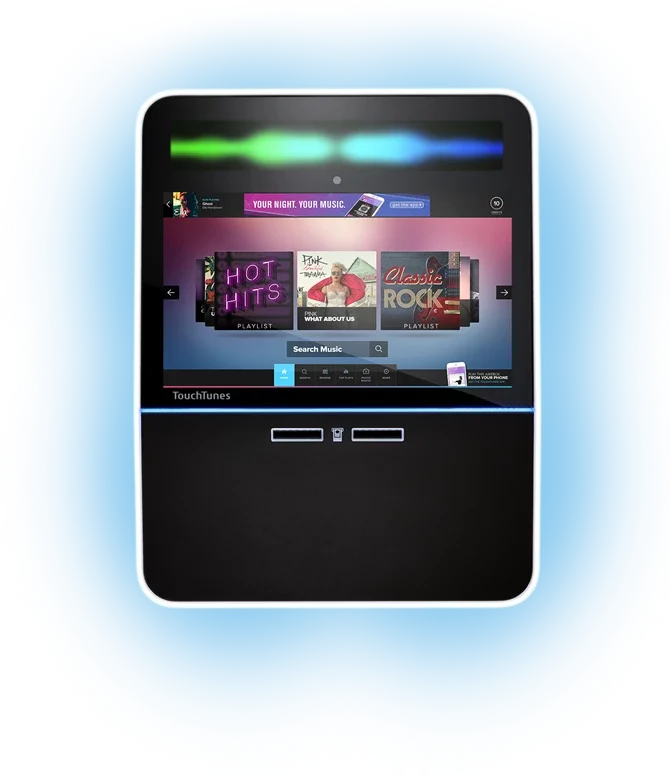 A touchscreen music player with a screen displaying various music playlists and search options.