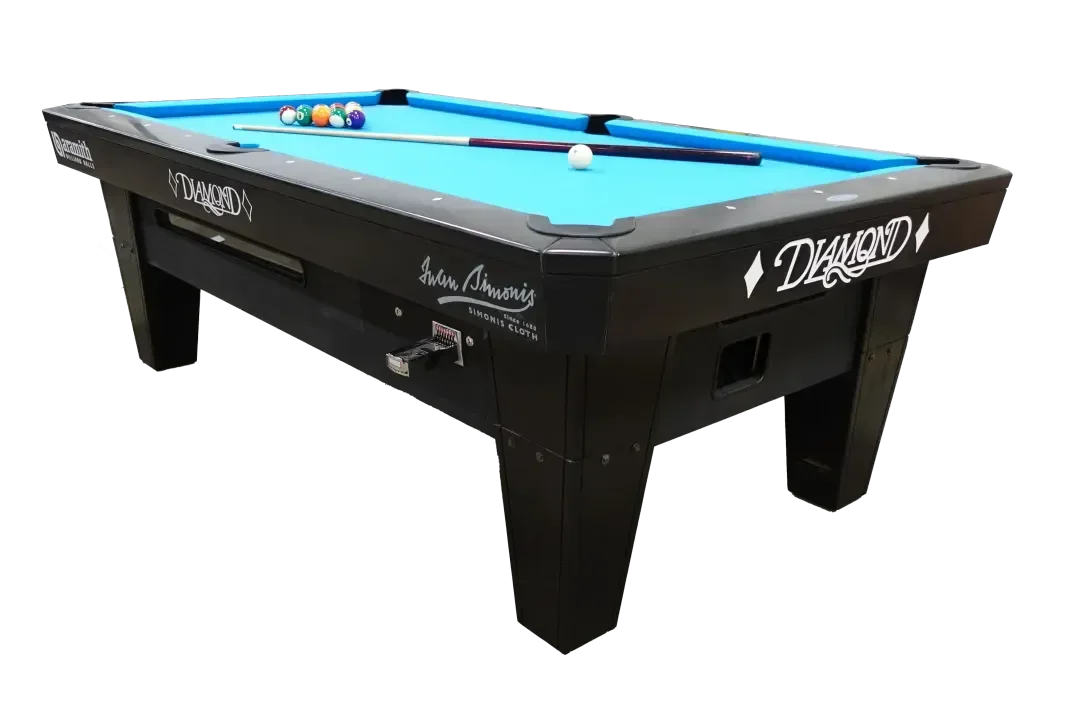 Black pool table with blue felt, pool balls racked, cue stick, and white cue ball on the table, with brand logos visible on the sides.