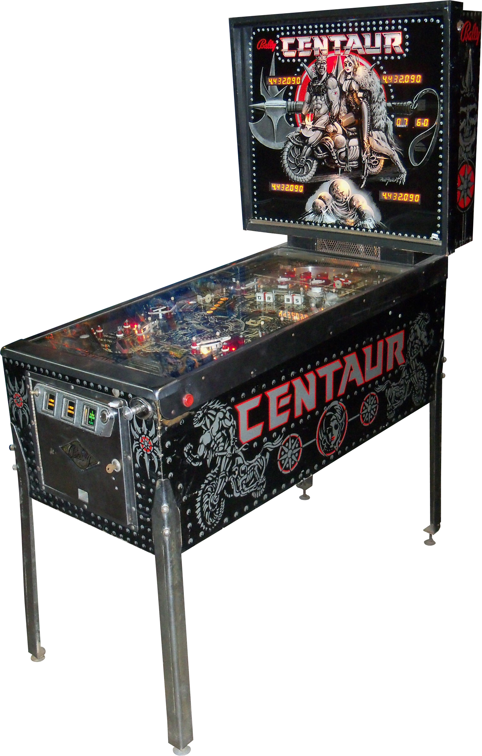 A vintage Centaur pinball machine with a black and red design featuring a motorcycle and a centaur warrior on the backglass, with various bumpers and features on the playfield.