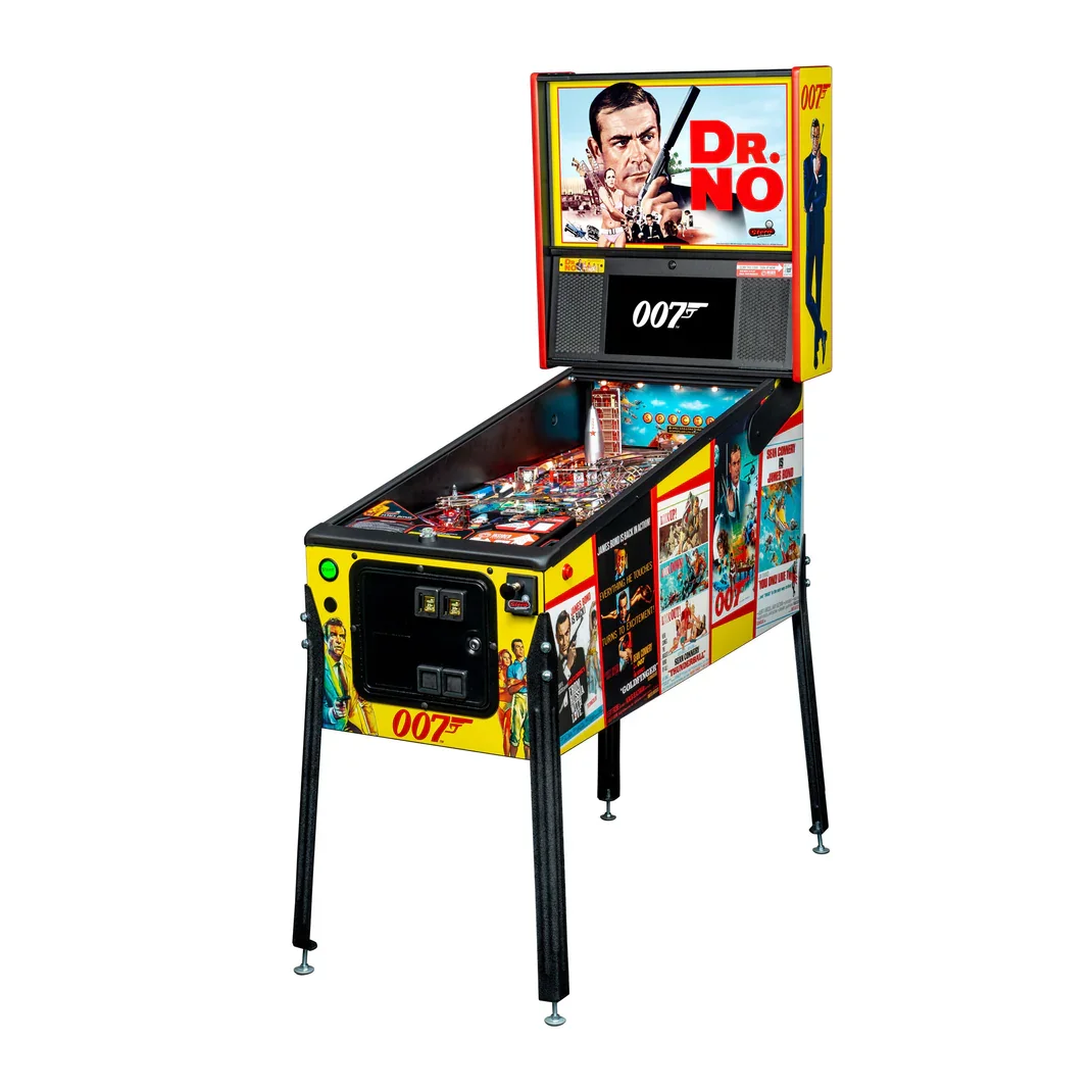 A vintage pinball machine themed around James Bond, specifically featuring the character 007 and the movie Dr. No, with colorful movie posters and a large 'Dr. No' sign at the top.