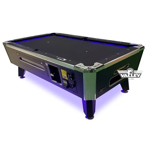 Valley Pool table with a black playing surface, green sides, and a blue LED light under the edge, branded Valley.