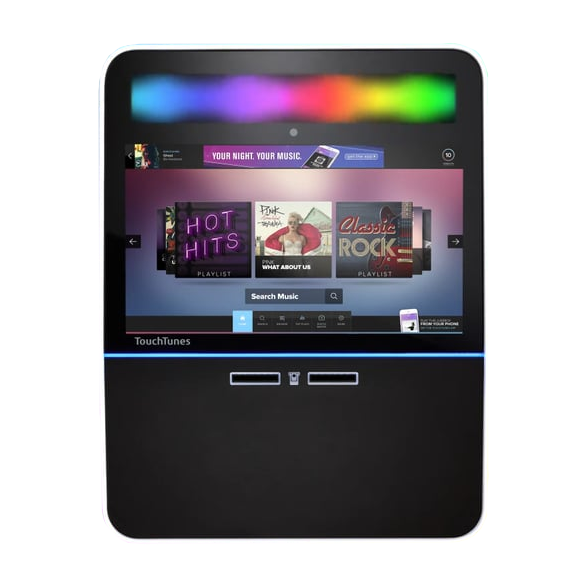 An electronic music jukebox touch screen with colorful light bar at the top, displaying music playlists and search options.
