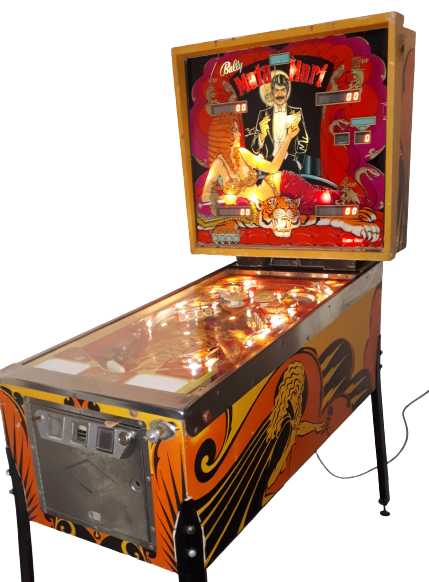 A vintage Bally pinball machine called "Mata Hari" with colorful artwork including a woman, a tiger, and a man in a suit on the back glass, and a decorated side panel.