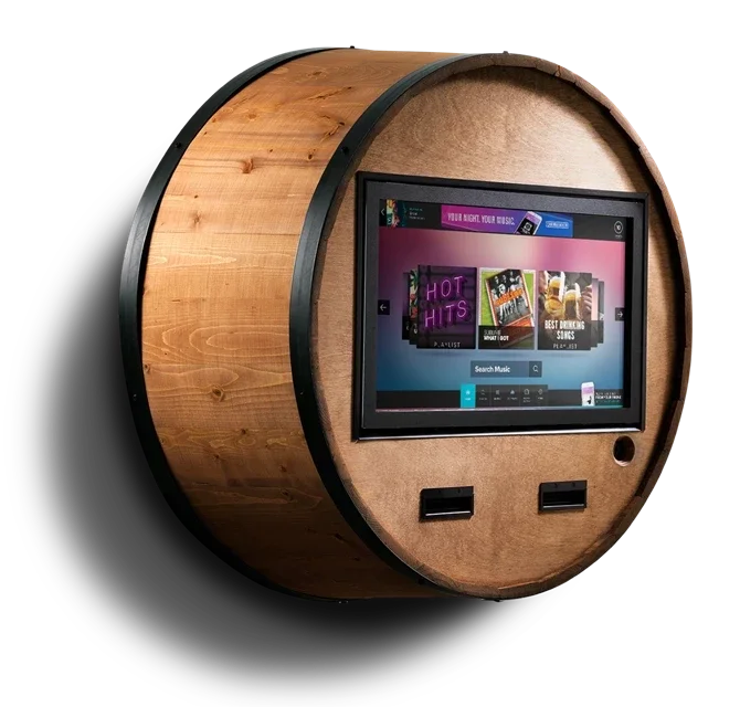 A round wooden jukebox with a digital screen displaying music covers and options, and two USB ports below the screen.