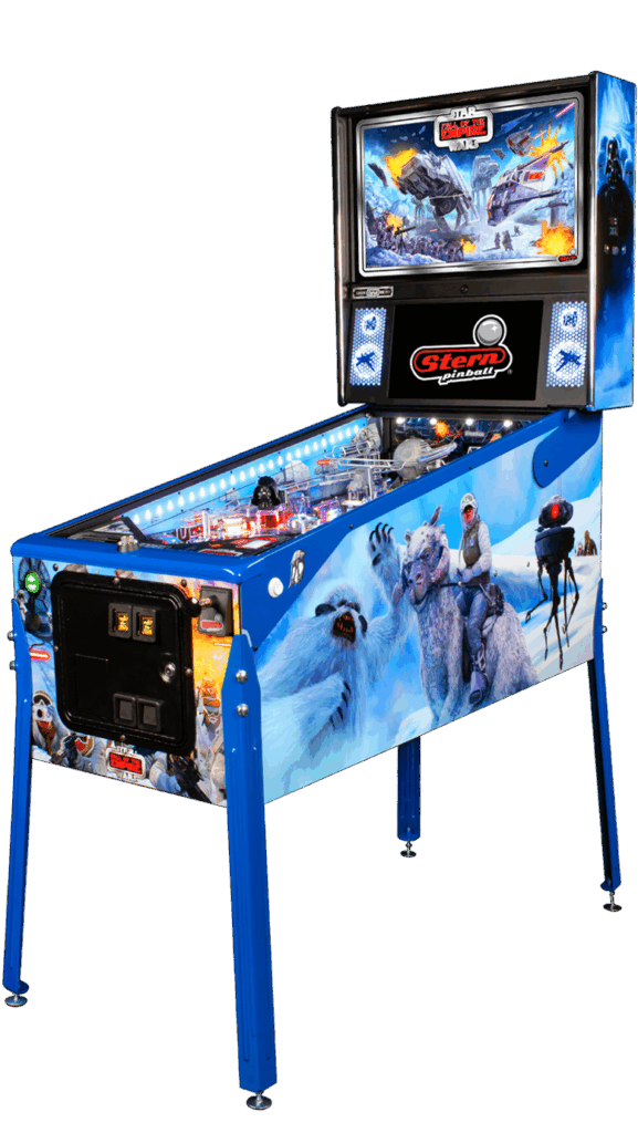 Star Wars themed pinball machine featuring an icy landscape with a snow creature, a person riding a llamas, and a distant mountain scene.