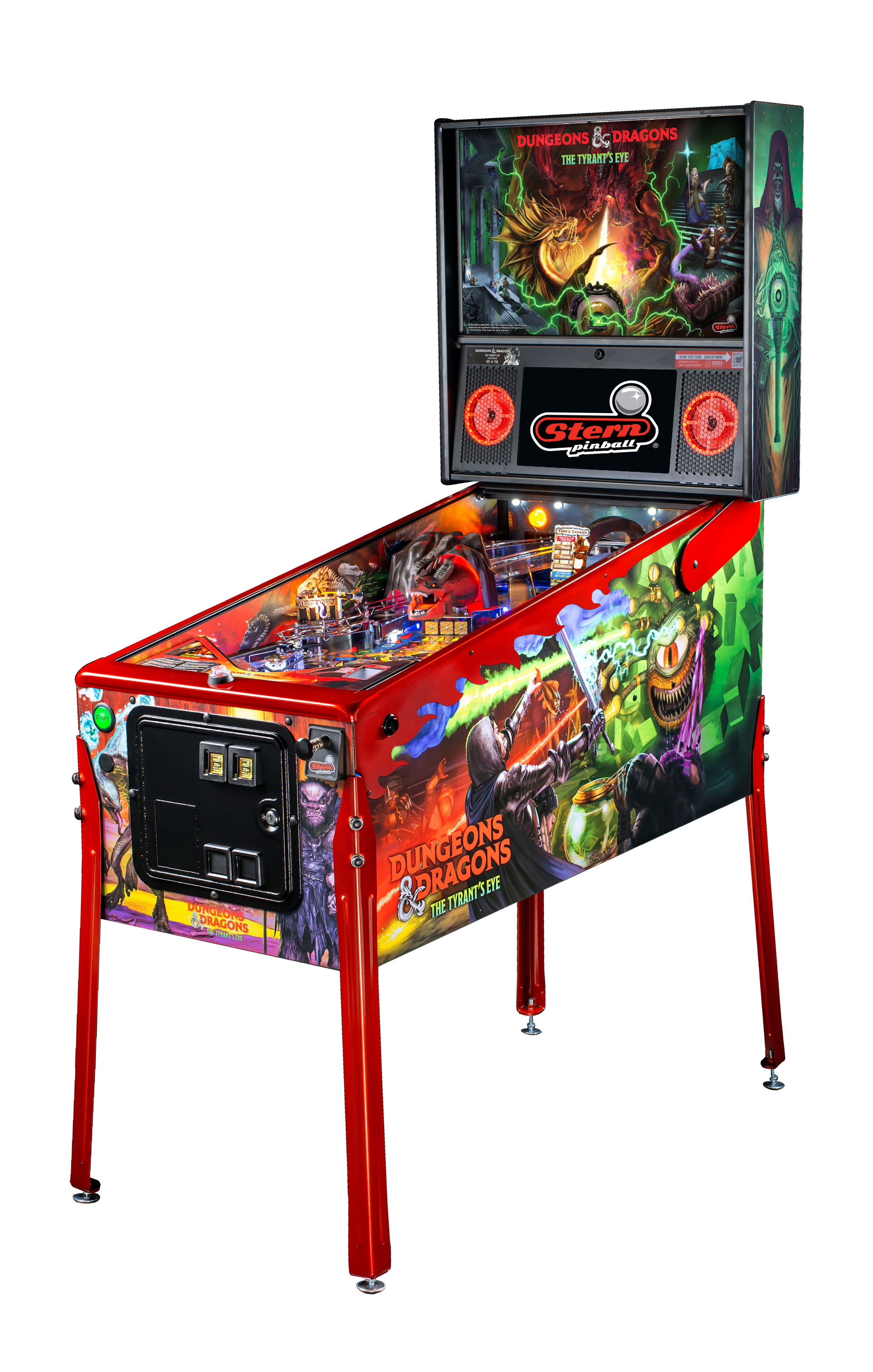 A Dungeons & Dragons themed pinball machine with vibrant artwork depicting fantasy characters, dragons, and wizards on its sides and backbox.