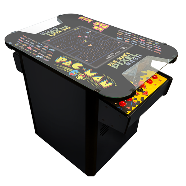 A vintage Pac-Man arcade game table with a colorful game design on the top surface and controls on the front side.