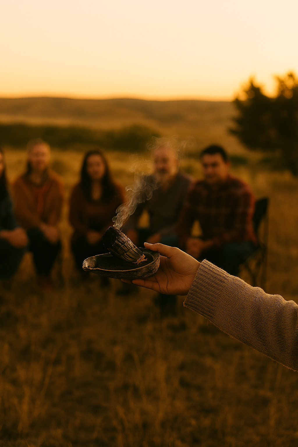 Person holding a lit smudge bowl in front of a group sitting outdoors at sunset.